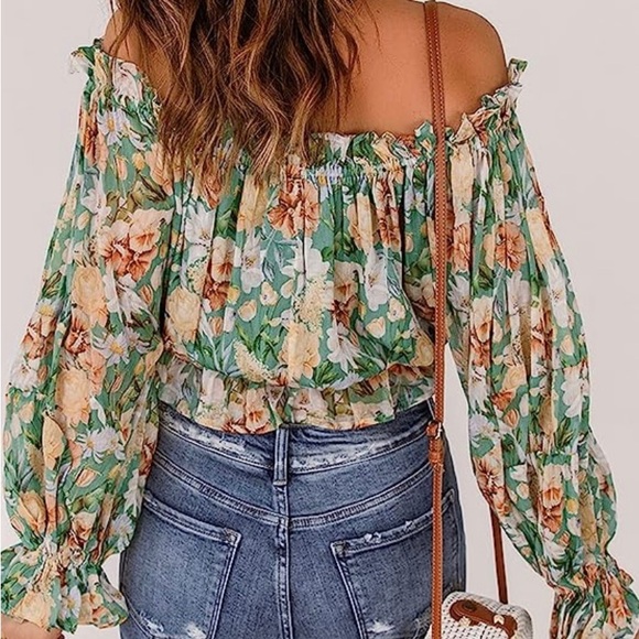 Women's Fall Top -Off The Shoulder - Floral Print Ruffle Sleeve - Size L - Picture 2 of 11